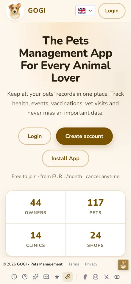 Screenshot of the GOGI app home page: the pets management app for every animal lover, with sign-up and install buttons